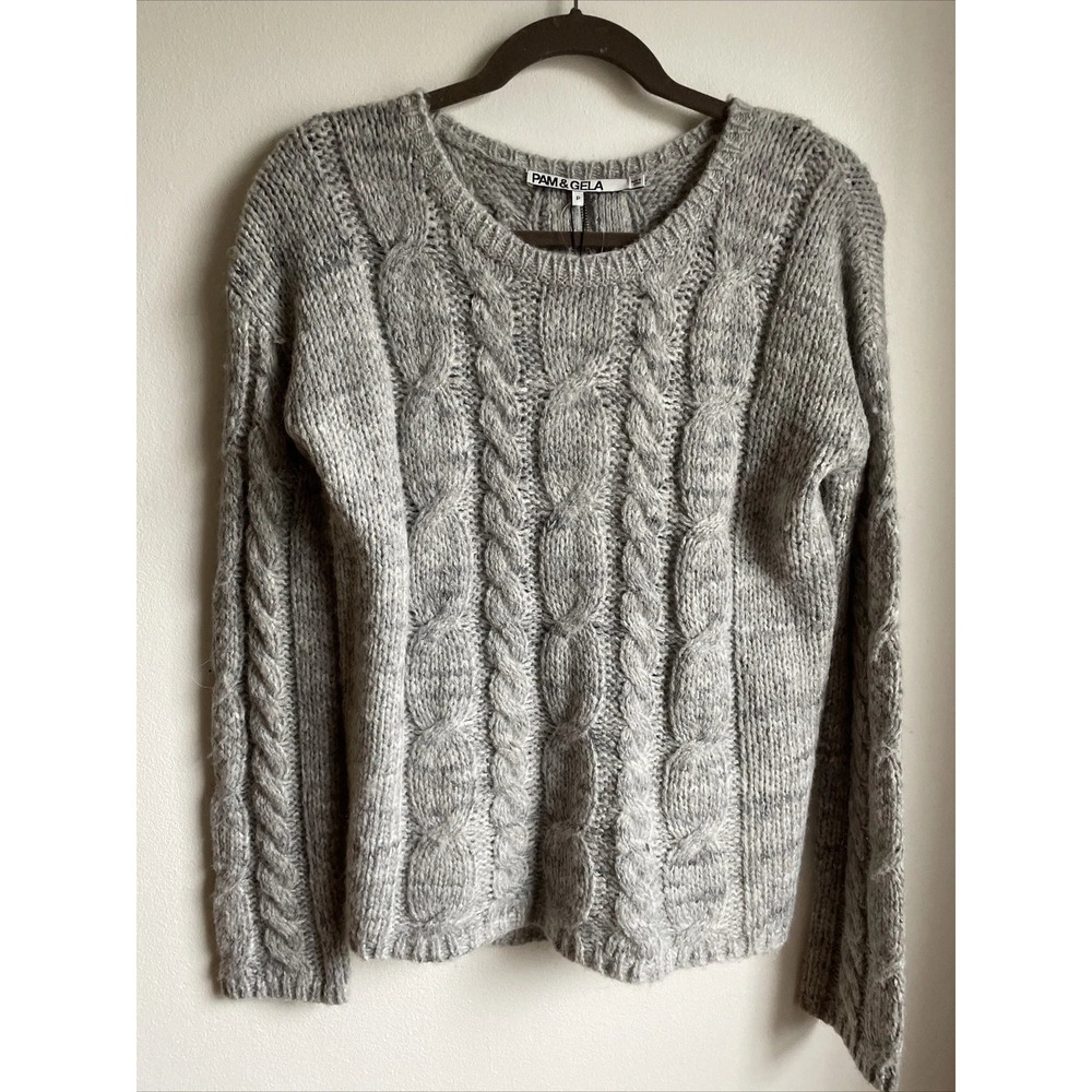 Pam & Gela Destroyed Cable Knit Sweater Women P Grey Back Zip Grunge Cozy Chunky